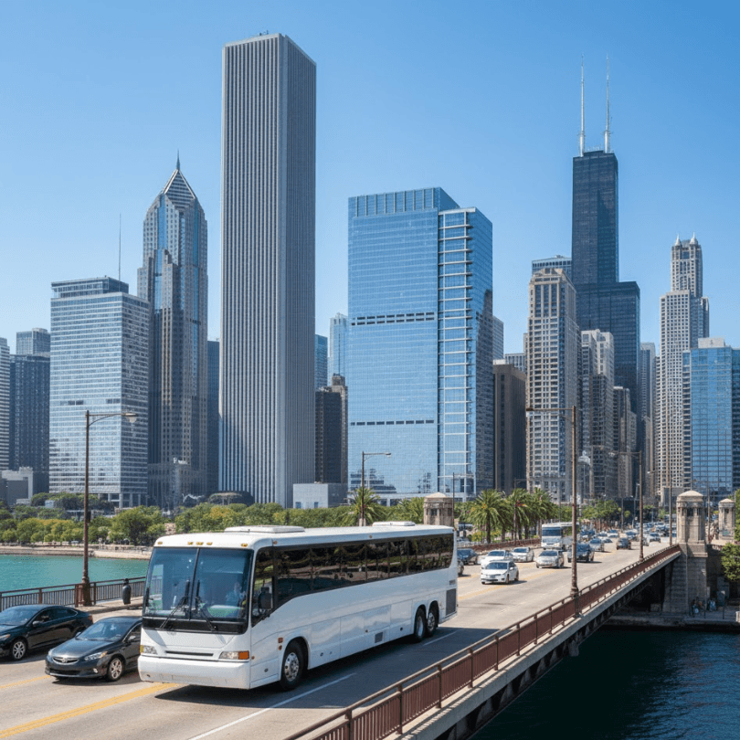 Large white charter bus driving around in Chicago Large white charter bus driving around in Chicago