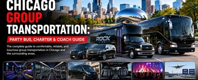 Chicago group transportation — Rock Limo party bus, charter bus, coach bus, Sprinter van, and luxury SUV fleet with Chicago skyline and Bean, group rides for weddings, proms, concerts, conferences, and O'Hare and Midway airport transfers