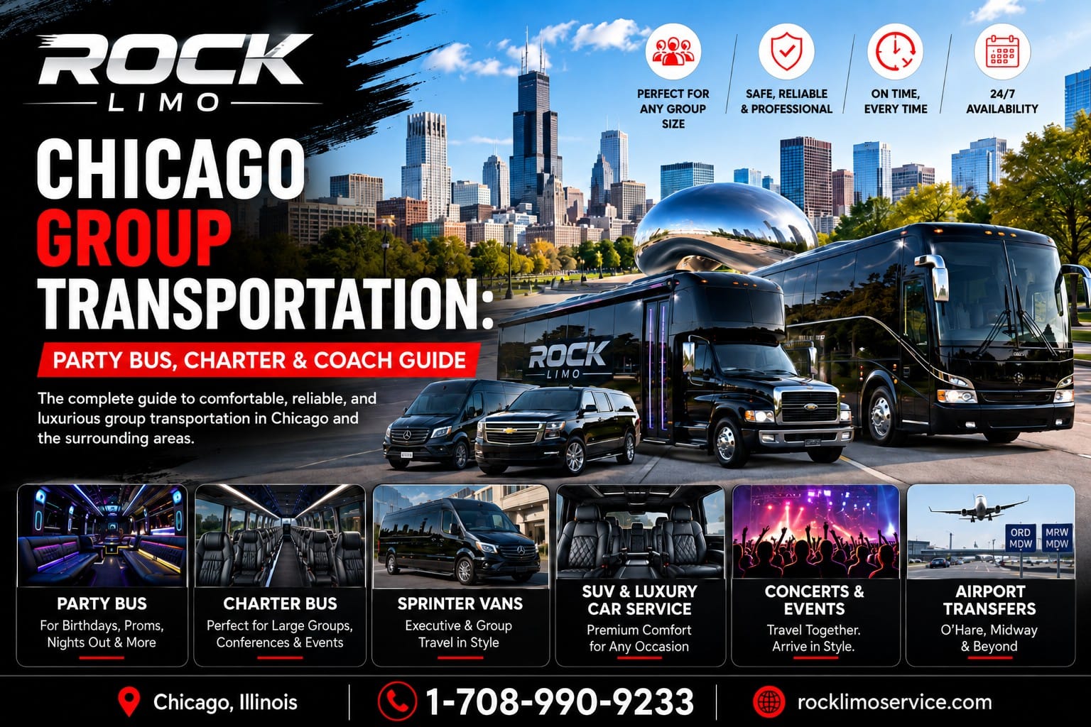Chicago group transportation — Rock Limo party bus, charter bus, coach bus, Sprinter van, and luxury SUV fleet with Chicago skyline and Bean, group rides for weddings, proms, concerts, conferences, and O'Hare and Midway airport transfers