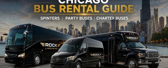 Rock Limousine Chicago bus rental fleet — charter bus, Sprinter van, and party bus parked in front of the Chicago skyline