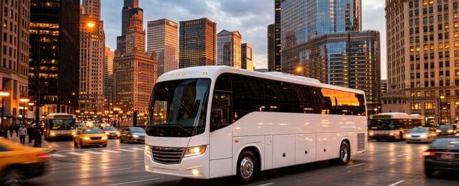 Illustration of a white charter coach on a downtown Chicago street