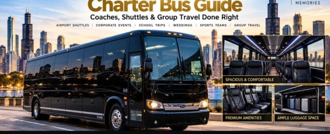 Chicago charter bus guide by Rock Limo Service — a black 56-passenger motor coach against the downtown Chicago skyline, with interior views of spacious leather seating, premium amenities, and an open under-floor luggage bay, promoting group shuttles, airport transfers, corporate events, school and college trips, weddings, and sports fan groups.