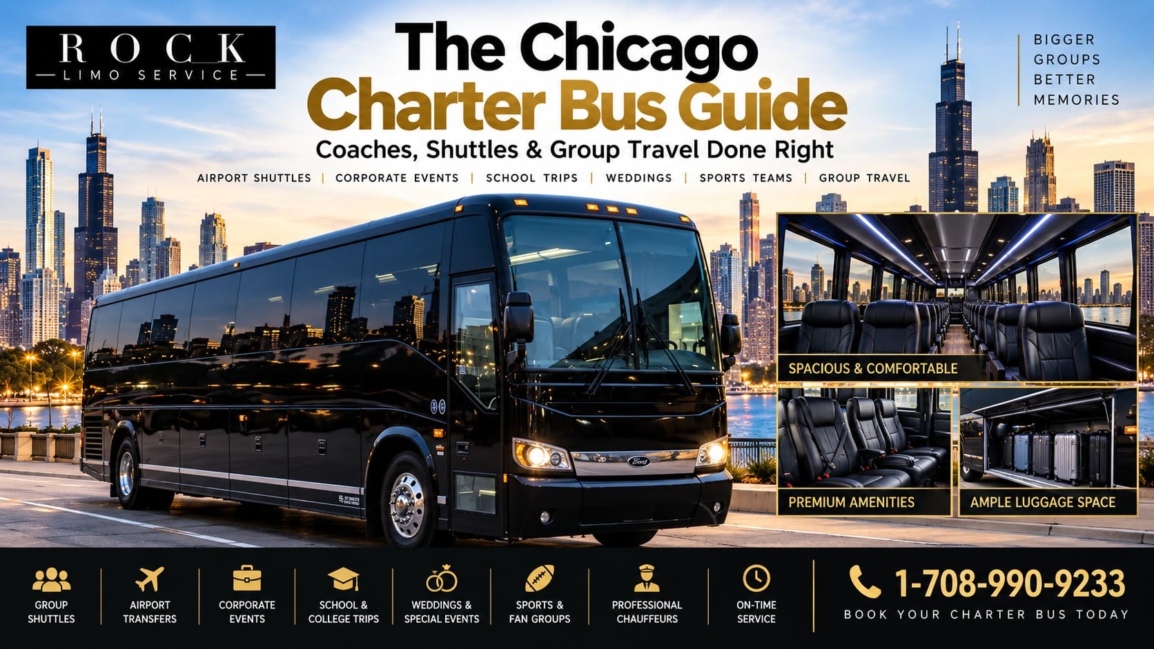 Chicago charter bus guide by Rock Limo Service — a black 56-passenger motor coach against the downtown Chicago skyline, with interior views of spacious leather seating, premium amenities, and an open under-floor luggage bay, promoting group shuttles, airport transfers, corporate events, school and college trips, weddings, and sports fan groups.