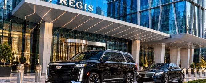 Airport car service to The St. Regis Chicago with a black 2026 Cadillac Escalade at a modern luxury hotel entrance
