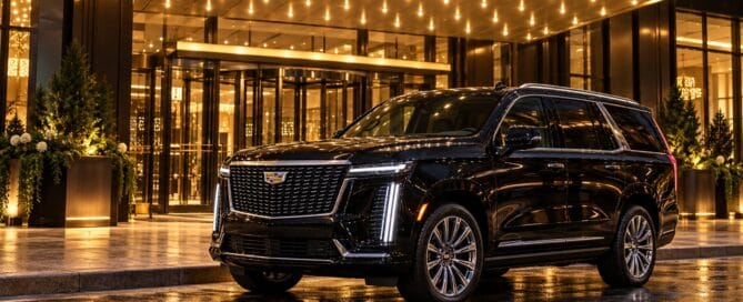 Black car service to The Langham Chicago with a black luxury SUV and executive sedan at a riverfront hotel entrance