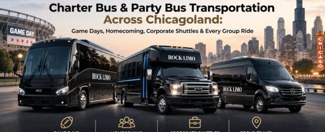 Rock Limo charter bus and party bus transportation across Chicagoland — black MCI coach bus, minibus, and Sprinter van with the Chicago skyline and a game-day stadium