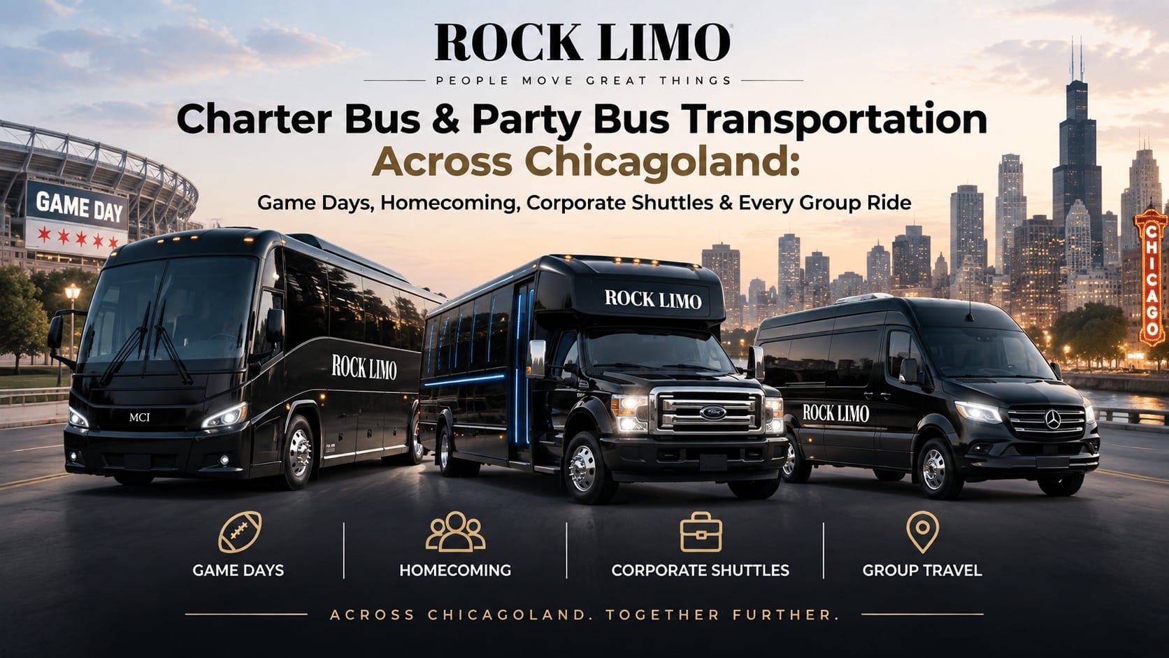 Rock Limo charter bus and party bus transportation across Chicagoland — black MCI coach bus, minibus, and Sprinter van with the Chicago skyline and a game-day stadium