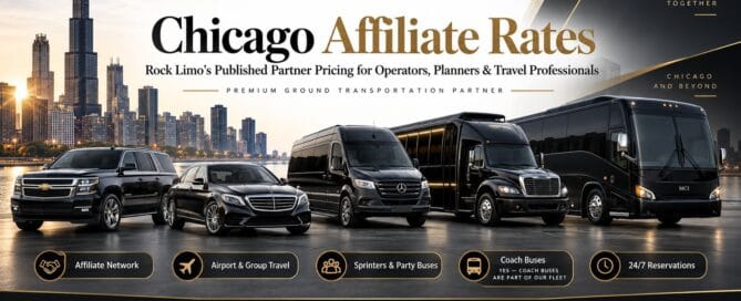 Rock Limo Chicago affiliate rates — black SUV, sedan, Sprinter van, minibus, and MCI coach bus fleet lined up with the Chicago skyline