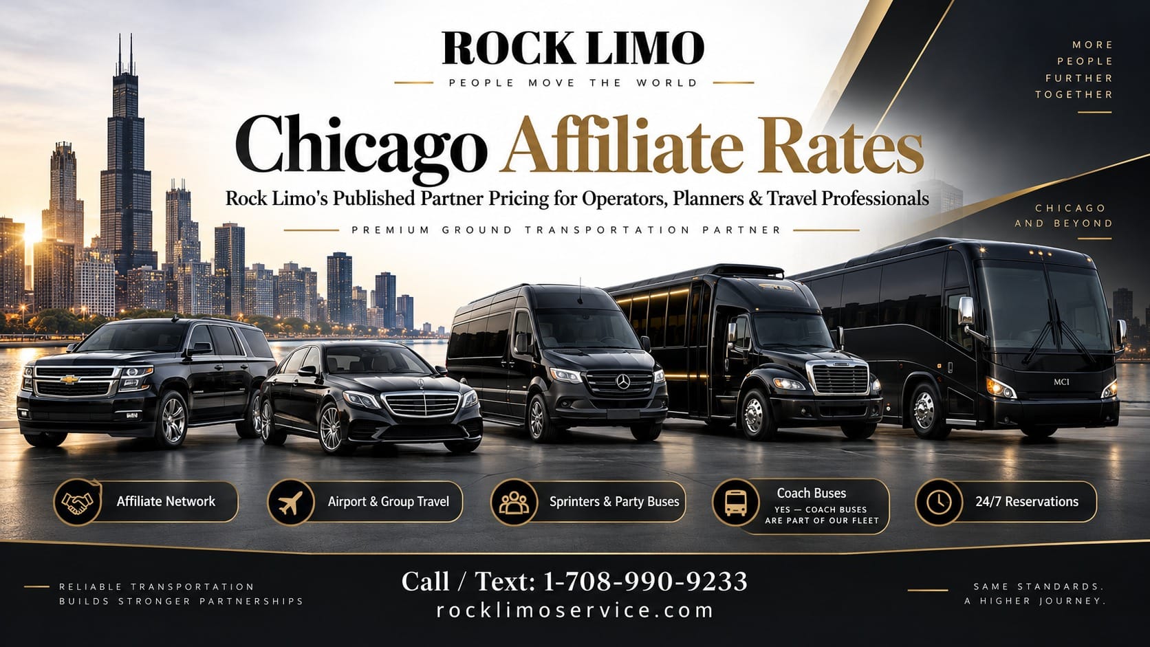 Rock Limo Chicago affiliate rates — black SUV, sedan, Sprinter van, minibus, and MCI coach bus fleet lined up with the Chicago skyline