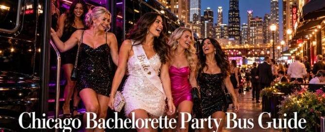 Chicago bachelorette party bus guide: a bride in a white sash and her crew stepping off a party bus with pink and purple lights on a downtown Chicago street at night