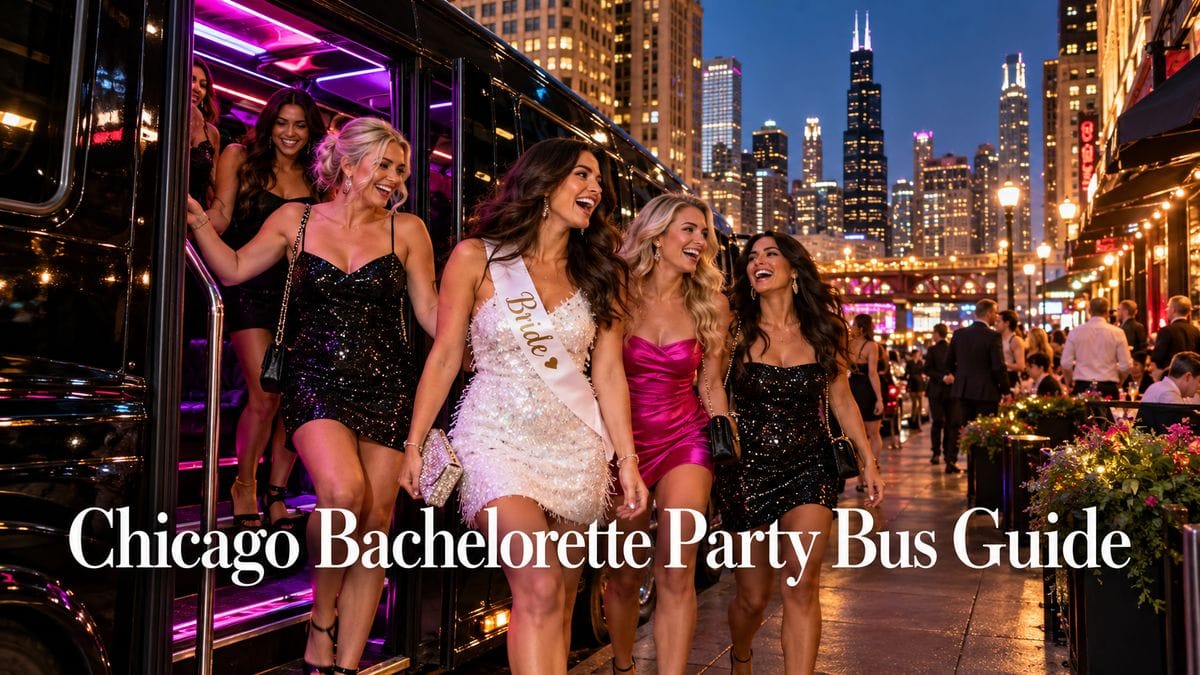 Chicago bachelorette party bus guide: a bride in a white sash and her crew stepping off a party bus with pink and purple lights on a downtown Chicago street at night