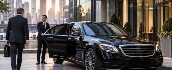 Chicago black car service chauffeur holding the door open on a black Mercedes-Benz S-Class for a business traveler with the skyline behind them
