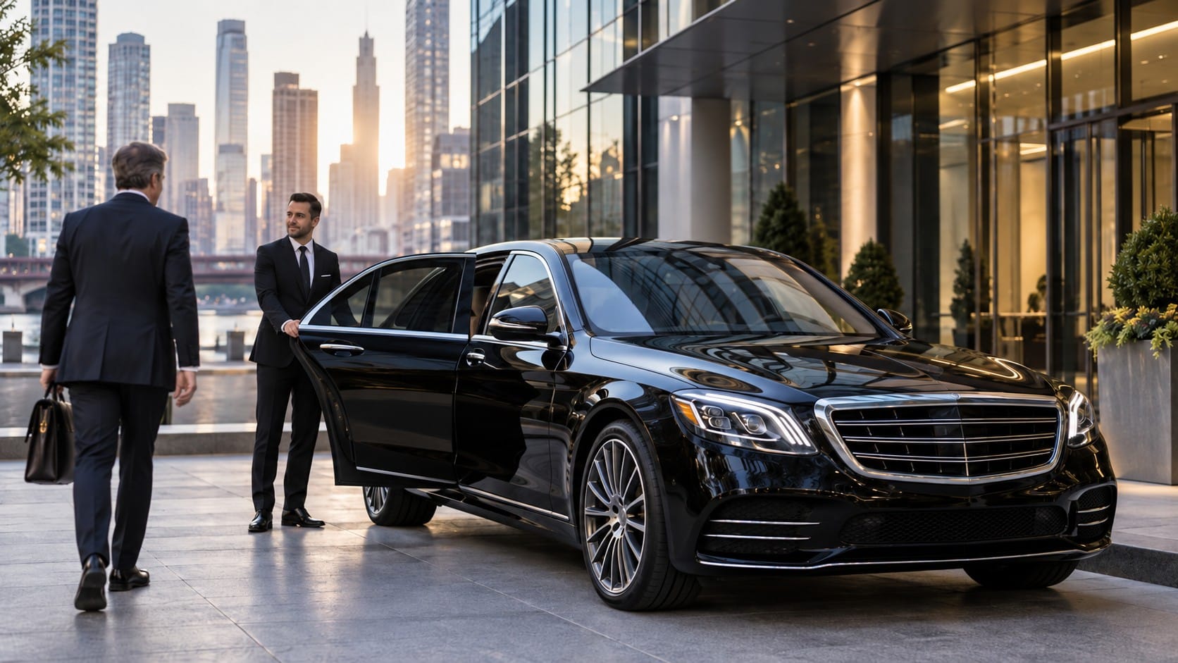 Chicago black car service chauffeur holding the door open on a black Mercedes-Benz S-Class for a business traveler with the skyline behind them