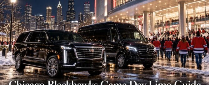 Chicago Blackhawks game day limo guide: black Cadillac Escalade and Mercedes-Benz Sprinter outside a red-lit arena as fans in red jerseys arrive on a snowy night