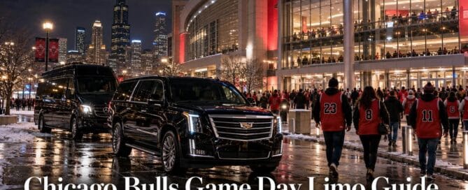 Chicago Bulls game day limo guide: black Cadillac Escalade and Mercedes-Benz Sprinter outside a red-lit arena as fans in red jerseys arrive on a snowy night