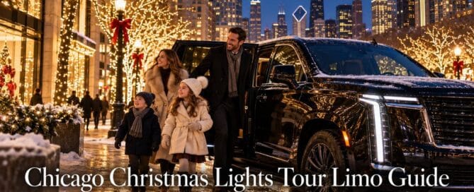 Chicago Christmas lights tour limo guide: family stepping out of a black Escalade among lit holiday trees with the Chicago skyline on a snowy night