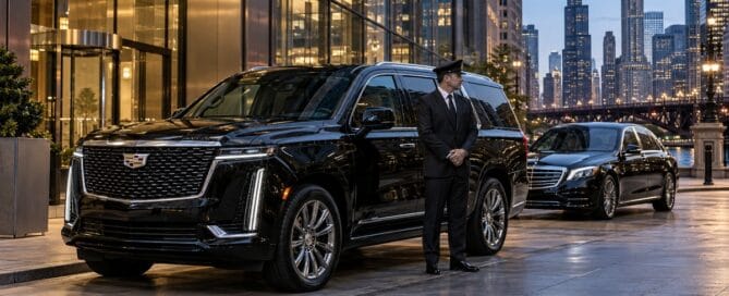 Chicago corporate roadshow limo service with a black luxury SUV, executive sedan and professional chauffeur outside a downtown Chicago business hotel.