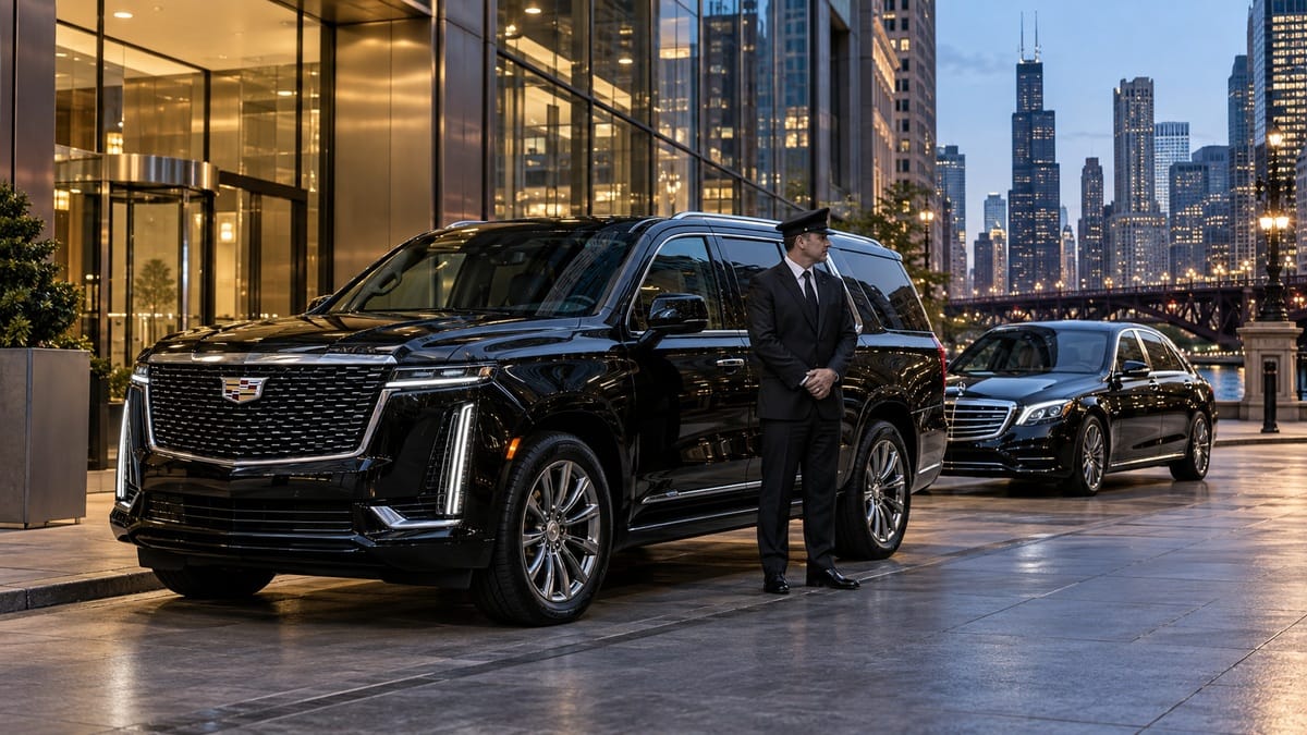 Chicago corporate roadshow limo service with a black luxury SUV, executive sedan and professional chauffeur outside a downtown Chicago business hotel.