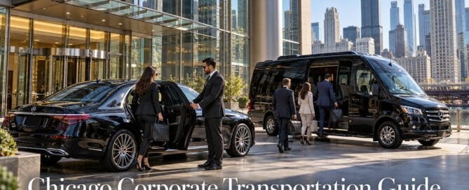 Chicago corporate transportation guide: chauffeur opening a black 2026 Mercedes-Benz S-Class for a businesswoman as a team boards a Sprinter outside a downtown office tower