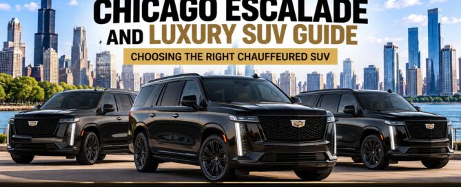 Three black chauffeured Cadillac Escalade luxury SUVs from Rock Limo parked along the Chicago lakefront with the downtown skyline behind them