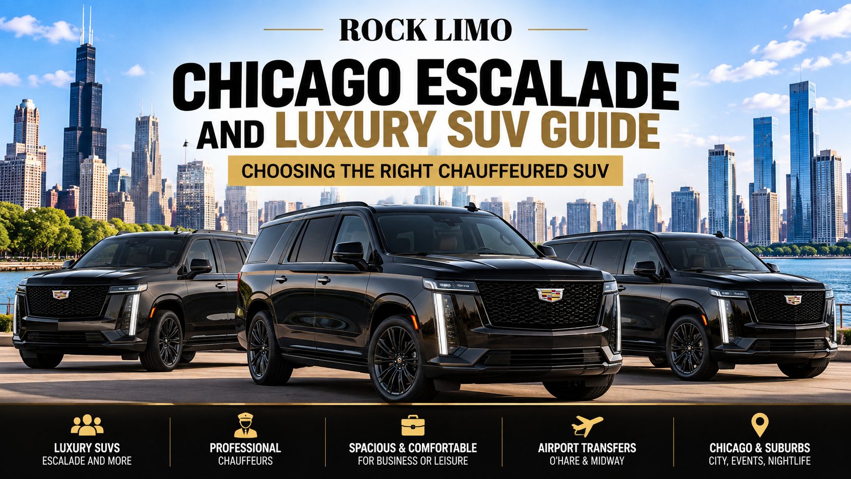 Three black chauffeured Cadillac Escalade luxury SUVs from Rock Limo parked along the Chicago lakefront with the downtown skyline behind them