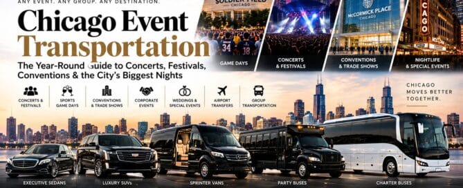 Rock Limo Chicago event transportation — executive sedan, luxury SUV, Sprinter van, party bus, and charter bus fleet with Soldier Field, McCormick Place, and the Chicago Theatre