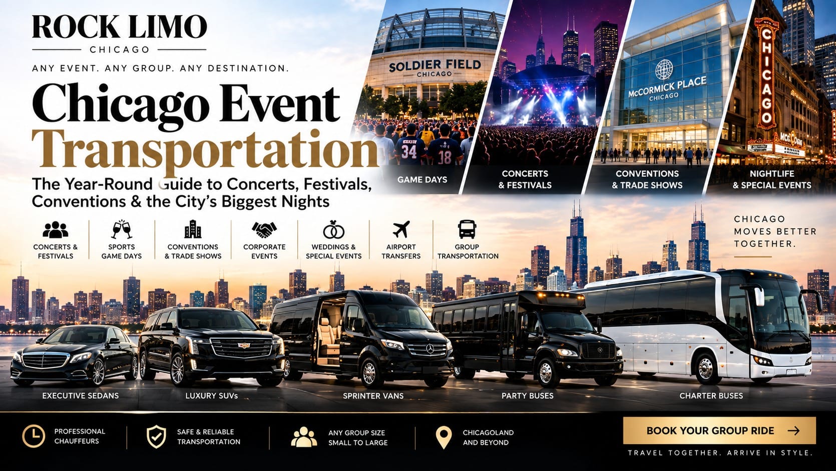 Rock Limo Chicago event transportation — executive sedan, luxury SUV, Sprinter van, party bus, and charter bus fleet with Soldier Field, McCormick Place, and the Chicago Theatre