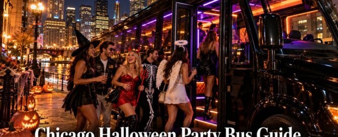 Chicago Halloween party bus guide: friends in costumes boarding a black party bus with purple and orange lights along the Chicago River at night