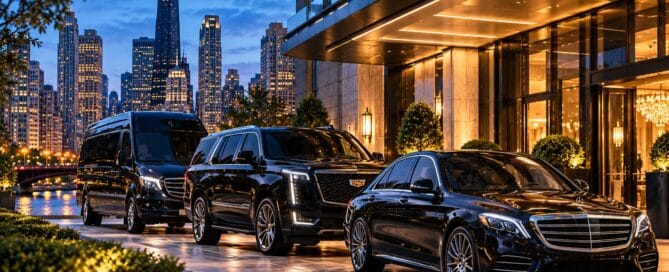 Chicago luxury hotel limo guide with black luxury sedan, SUV and Sprinter outside an upscale downtown Chicago hotel