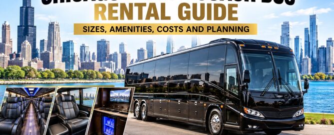 lack Rock Limo motor coach bus parked on the Chicago lakefront with the skyline behind it, plus interior shots of leather reclining seats, a wood-floor aisle, a TV and a mini fridge