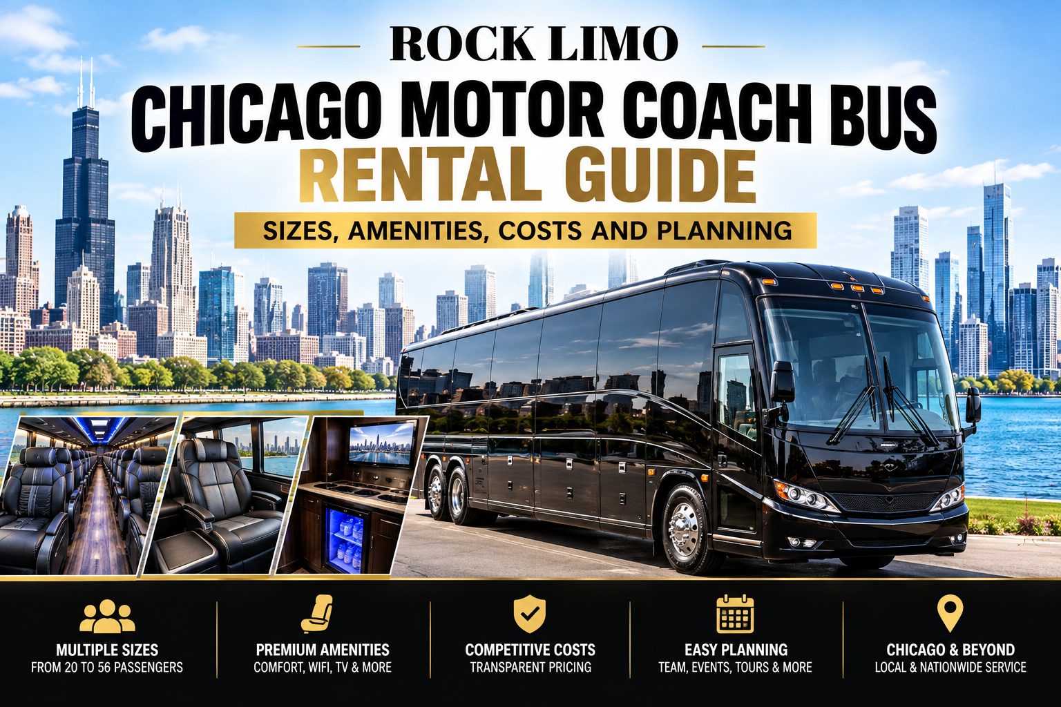 lack Rock Limo motor coach bus parked on the Chicago lakefront with the skyline behind it, plus interior shots of leather reclining seats, a wood-floor aisle, a TV and a mini fridge