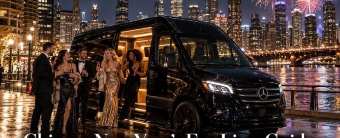 Chicago New Year's Eve limo guide: group in formal wear toasting beside a black 2026 Mercedes-Benz Sprinter on the Chicago Riverwalk with fireworks over the skyline