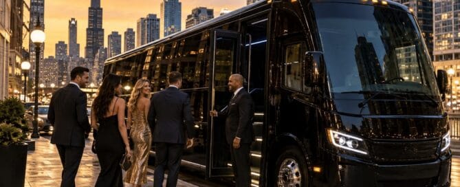 Chicago party bus pickup guide with black luxury party bus, chauffeur and group transportation in downtown Chicago