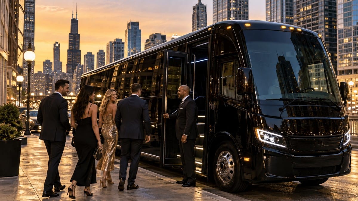 Chicago party bus pickup guide with black luxury party bus, chauffeur and group transportation in downtown Chicago