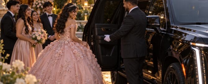 Chicago Quinceañera limo chauffeur in white gloves opening the door of a black Cadillac Escalade for a girl in a pink ball gown at sunset