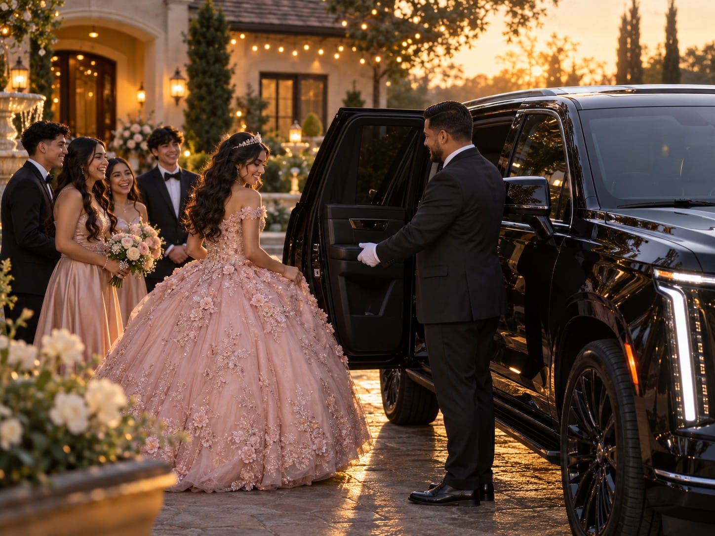 Chicago Quinceañera limo chauffeur in white gloves opening the door of a black Cadillac Escalade for a girl in a pink ball gown at sunset
