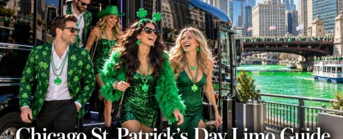 Chicago St. Patrick's Day limo guide: friends in green outfits stepping off a party bus by the dyed-green Chicago River with crowds on the bridge behind