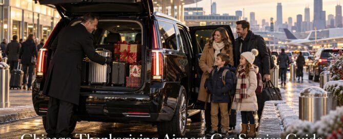 Chicago Thanksgiving airport car service guide: chauffeur loading luggage and holiday gifts into a black SUV as a family waits at the airport curb with the skyline behind