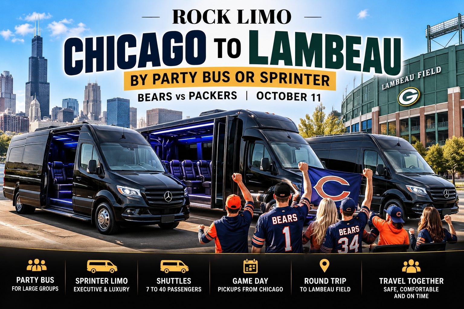 Rock Limo black party bus and Mercedes Sprinter limos with blue LED interiors, parked near Lambeau Field, with Chicago Bears fans cheering on game day for the Chicago to Lambeau Bears vs Packers trip