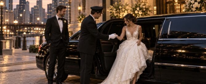 Chicago wedding limo chauffeur in white gloves helping a bride step out of a black stretch limousine as the groom looks on, with the Chicago skyline at sunset