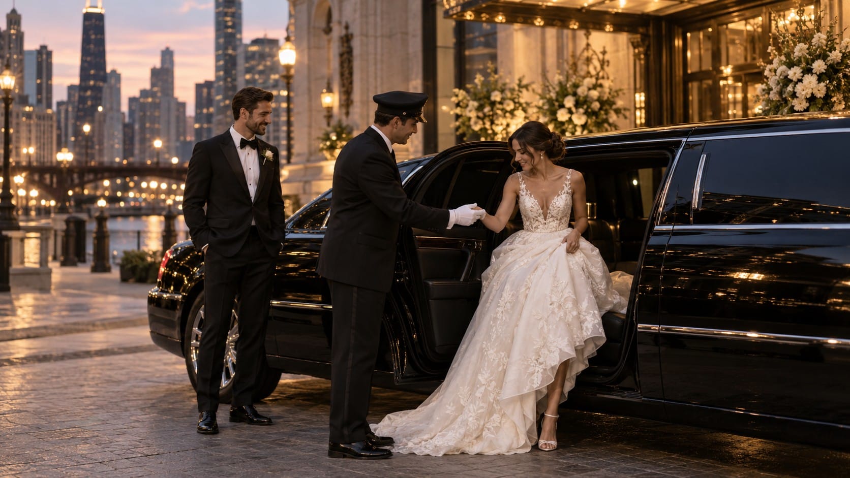 Chicago wedding limo chauffeur in white gloves helping a bride step out of a black stretch limousine as the groom looks on, with the Chicago skyline at sunset