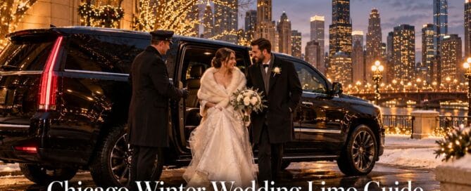 Chicago winter wedding limo guide: chauffeur holding the door of a black Escalade for a bride and groom on a snowy riverfront with the Chicago skyline behind