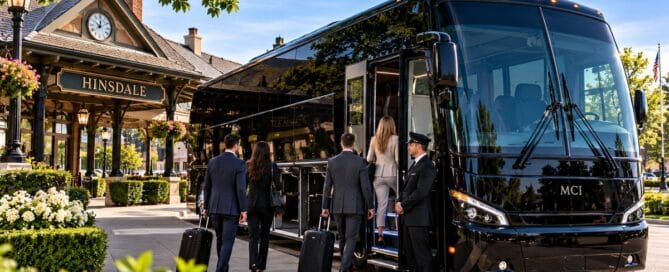 Hinsdale motor coach transportation with black luxury motor coach, professional chauffeur and group travelers