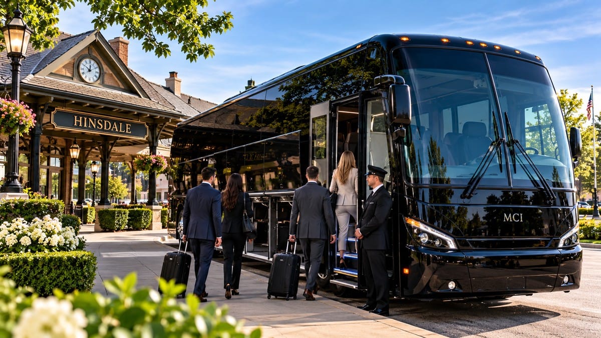 Hinsdale motor coach transportation with black luxury motor coach, professional chauffeur and group travelers