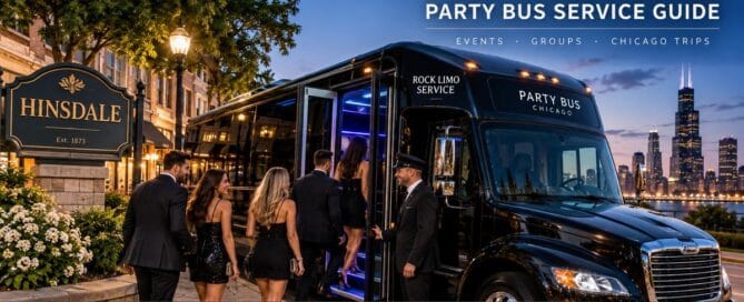 Hinsdale Party Bus Service Guide with black luxury party bus, chauffeur and group transportation for Chicago events