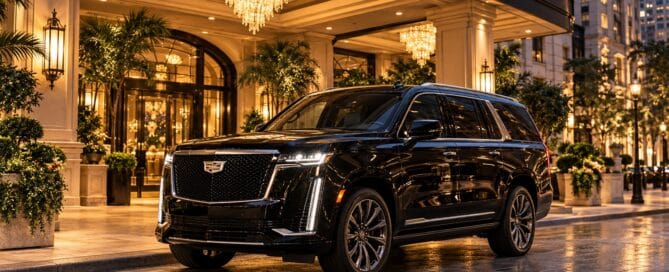 Limo service to Four Seasons Hotel Chicago with a late-model black Cadillac Escalade at a luxury downtown hotel entrance