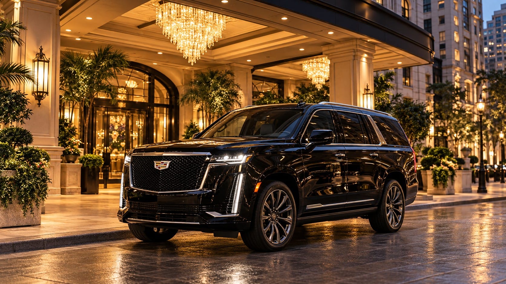 Limo service to Four Seasons Hotel Chicago with a late-model black Cadillac Escalade at a luxury downtown hotel entrance