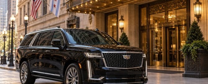 Limo service to Palmer House Chicago with a black Cadillac Escalade at the hotel entrance