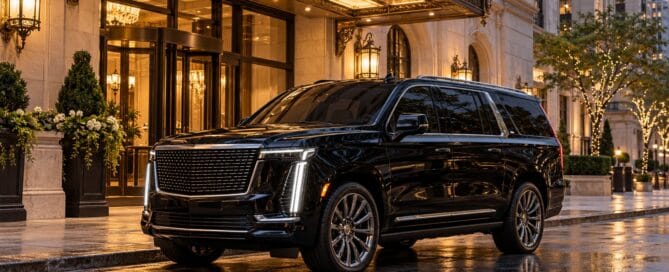 Limo service to The Drake Chicago with a black luxury SUV at an upscale downtown hotel entrance