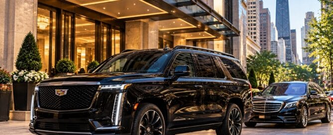Limo service to The Peninsula Chicago with a late-model black Cadillac Escalade at a luxury downtown hotel entrance